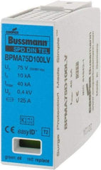 Cooper Bussmann - 1 Pole, 1 Phase, 10 kA Nominal Current, 90mm Long x 18mm Wide x 65mm Deep, Thermoplastic Hardwired Surge Protector - DIN Rail Mount, 100 VDC, 75 VAC, 100 VDC, 75 VAC Operating Voltage, 40 kA Surge Protection - Apex Tool & Supply