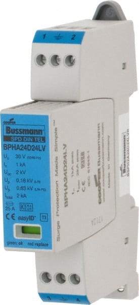 Cooper Bussmann - 2 Pole, 1 Phase, 1 kA Nominal Current, 90mm Long x 18mm Wide x 66mm Deep, Thermoplastic Hardwired Surge Protector - DIN Rail Mount, 24 VAC/VDC, 30 VAC/VDC Operating Voltage, 4 kA Surge Protection - Apex Tool & Supply