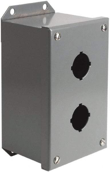 Square D - 2 Hole, 30mm Hole Diameter, Steel Pushbutton Switch Enclosure - 4-3/4 Inch High x 4.17 Inch Wide x 3.62 Inch Deep, 1, 3, 14 NEMA Rated - Apex Tool & Supply
