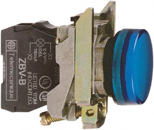 Square D - 24 VAC/VDC Blue Lens LED Indicating Light - Round Lens, Screw Clamp Connector, 46.5mm OAL x 30mm Wide, Shock Resistant, Vibration Resistant - Apex Tool & Supply