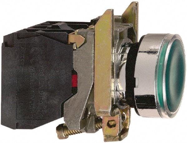 Schneider Electric - 22mm Mount Hole, Flush, Pushbutton Switch with Contact Block - Round, Green Pushbutton, Illuminated, Momentary (MO) - Apex Tool & Supply