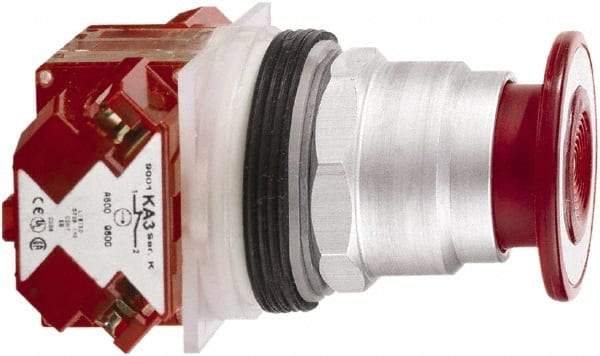 Schneider Electric - 30mm Mount Hole, Extended Mushroom Head, Pushbutton Switch with Contact Block - Round, Red Pushbutton, Maintained (MA) - Apex Tool & Supply