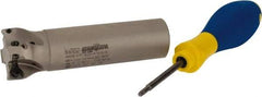 Iscar - 1-1/4" Cut Diam, 0.315" Max Depth of Cut, 1" Shank Diam, 4" OAL, Indexable Square Shoulder Helical End Mill - HM390 TPKT 1003 Inserts, Weldon Shank, 90° Lead Angle, Through Coolant, Series HeliIQMill - Apex Tool & Supply