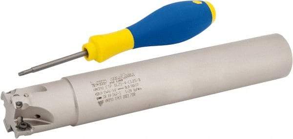 Iscar - 1-1/4" Cut Diam, 0.315" Max Depth of Cut, 1-1/4" Shank Diam, 7.87" OAL, Indexable Square Shoulder Helical End Mill - HM390 TPKT 1003 Inserts, Cylindrical Shank, 90° Lead Angle, Through Coolant, Series HeliIQMill - Apex Tool & Supply