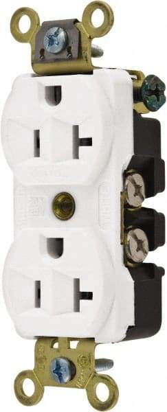 Hubbell Wiring Device-Kellems - 125 VAC, 20 Amp, 5-20R NEMA Configuration, White, Industrial Grade, Self Grounding Duplex Receptacle - 1 Phase, 2 Poles, 3 Wire, Flush Mount, Corrosion, Heat and Impact Resistant - Apex Tool & Supply