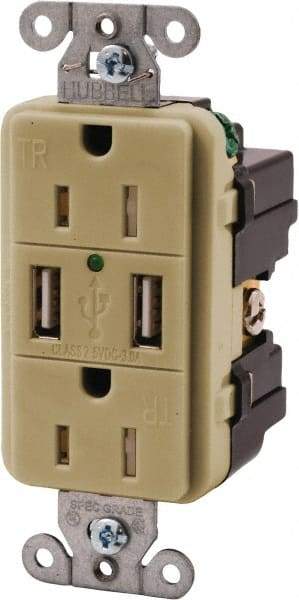Hubbell Wiring Device-Kellems - 2 USB Port, 2 Receptacle, 125 VAC, 5 VDC USB Receptacle - 5-15R NEMA Configuration, 15 Amp, Ivory, 3.8 Amp Charging Power, Screw Mount - Apex Tool & Supply