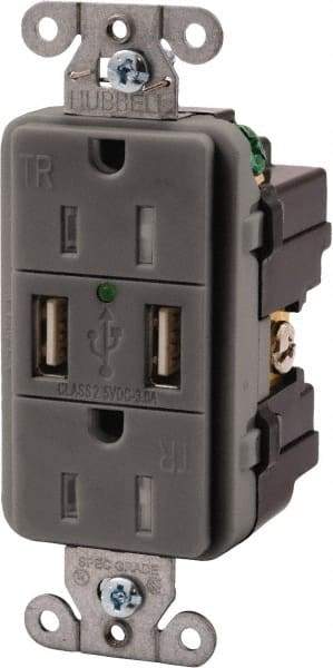 Hubbell Wiring Device-Kellems - 2 USB Port, 2 Receptacle, 125 VAC, 5 VDC USB Receptacle - 5-15R NEMA Configuration, 15 Amp, Gray, 3.8 Amp Charging Power, LED Indicator Light - Apex Tool & Supply