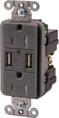 Hubbell Wiring Device-Kellems - 2 USB Port, 2 Receptacle, 125 VAC, 5 VDC USB Receptacle - 5-15R NEMA Configuration, 15 Amp, Gray, 3.8 Amp Charging Power, LED Indicator Light - Apex Tool & Supply