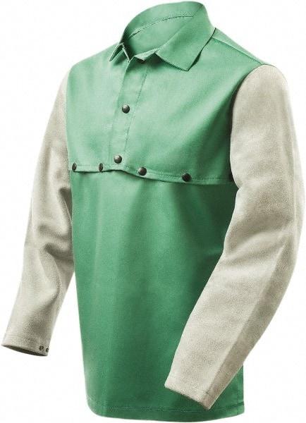 Steiner - Size 4XL, 19" Long, Flame Resistant, Cape Sleeves & Bib - Cotton & Leather, 9 oz, Green & Gray - Apex Tool & Supply