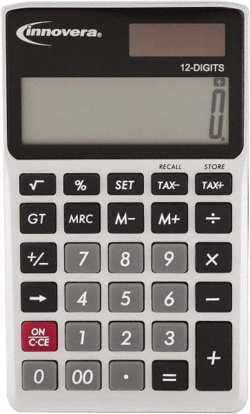 innovera - 12-Digit LCD 4 Function Handheld Calculator - 14mm Display Size, Silver & Black, Solar & Battery Powered - Apex Tool & Supply