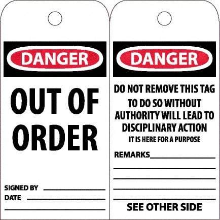 NMC - 6" High x 3" Long, DANGER - OUT OF ORDER, English Safety & Facility Accident Prevention Tag - Tag Header: Danger, 2 Sides, White Poly - Apex Tool & Supply