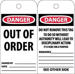NMC - 6" High x 3" Long, DANGER - OUT OF ORDER, English Safety & Facility Accident Prevention Tag - Tag Header: Danger, 2 Sides, White Poly - Apex Tool & Supply