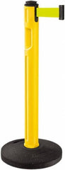 Lavi Industries - 38-1/4" High, 3-1/4" Pole Diam, Stanchion - 16" Base Diam, Dome Recycled Rubber Base, Yellow Plastic Post, 12' x 2" Tape, Single Line Tape, For Outdoor Use - Apex Tool & Supply