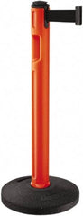 Lavi Industries - 38-1/4" High, 3-1/4" Pole Diam, Stanchion - 16" Base Diam, Dome Recycled Rubber Base, Orange Plastic Post, 12' x 2" Tape, Single Line Tape, For Outdoor Use - Apex Tool & Supply