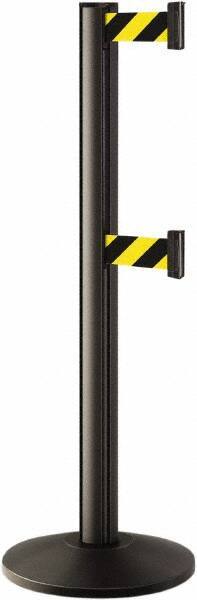 Lavi Industries - 40" High, 2-3/4" Pole Diam, Stanchion - 14" Base Diam, Dome Cast Iron Base, Black Aluminum Post, 7' x 2" Tape, Single Line Tape - Apex Tool & Supply