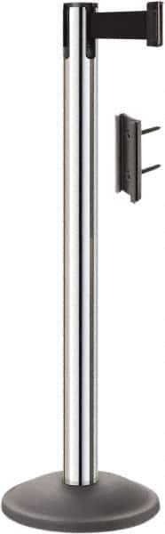 Lavi Industries - 38-1/2" High, 2-3/4" Pole Diam, Stanchion - 12-1/2" Base Diam, Round Steel Base, Polished Chrome (Color) Steel Post, 7' x 2" Tape, Single Line Tape - Apex Tool & Supply