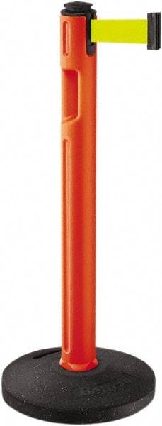 Lavi Industries - 38-1/4" High, 3-1/4" Pole Diam, Stanchion - 16" Base Diam, Dome Recycled Rubber Base, Orange Plastic Post, 12' x 2" Tape, Single Line Tape, For Outdoor Use - Apex Tool & Supply