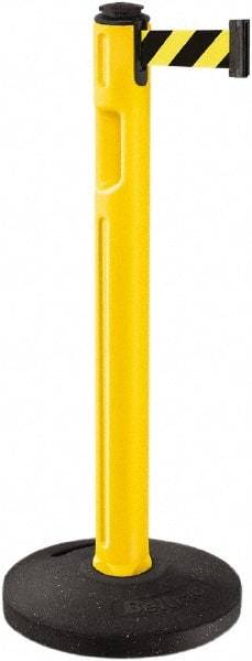 Lavi Industries - 38-1/4" High, 3-1/4" Pole Diam, Stanchion - 16" Base Diam, Dome Recycled Rubber Base, Yellow Plastic Post, 12' x 2" Tape, Single Line Tape, For Outdoor Use - Apex Tool & Supply