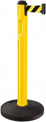 Lavi Industries - 38-1/4" High, 3-1/4" Pole Diam, Stanchion - 16" Base Diam, Dome Recycled Rubber Base, Yellow Plastic Post, 12' x 2" Tape, Single Line Tape, For Outdoor Use - Apex Tool & Supply