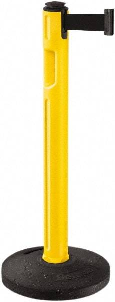 Lavi Industries - 38-1/4" High, 3-1/4" Pole Diam, Stanchion - 16" Base Diam, Dome Recycled Rubber Base, Yellow Plastic Post, 12' x 2" Tape, Single Line Tape, For Outdoor Use - Apex Tool & Supply