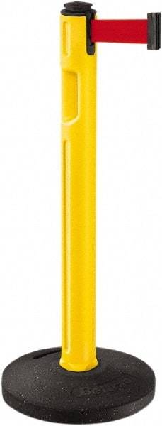 Lavi Industries - 38-1/4" High, 3-1/4" Pole Diam, Stanchion - 16" Base Diam, Dome Recycled Rubber Base, Yellow Plastic Post, 12' x 2" Tape, Single Line Tape, For Outdoor Use - Apex Tool & Supply