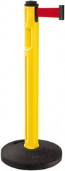 Lavi Industries - 38-1/4" High, 3-1/4" Pole Diam, Stanchion - 16" Base Diam, Dome Recycled Rubber Base, Yellow Plastic Post, 12' x 2" Tape, Single Line Tape, For Outdoor Use - Apex Tool & Supply