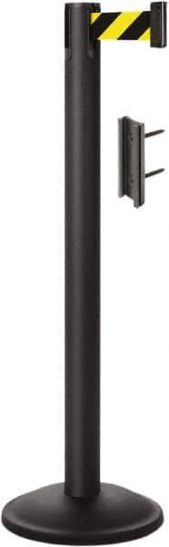 Lavi Industries - 38-1/2" High, 2-3/4" Pole Diam, Stanchion - 12-1/2" Base Diam, Round Steel Base, Black Steel Post, 7' x 2" Tape, Single Line Tape - Apex Tool & Supply