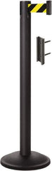 Lavi Industries - 38-1/2" High, 2-3/4" Pole Diam, Stanchion - 12-1/2" Base Diam, Round Steel Base, Black Steel Post, 7' x 2" Tape, Single Line Tape - Apex Tool & Supply