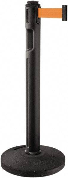 Lavi Industries - 38-1/4" High, 3-1/4" Pole Diam, Stanchion - 16" Base Diam, Dome Recycled Rubber Base, Black Plastic Post, 12' x 2" Tape, Single Line Tape, For Outdoor Use - Apex Tool & Supply