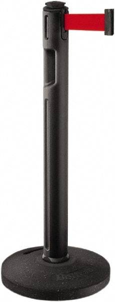 Lavi Industries - 38-1/4" High, 3-1/4" Pole Diam, Stanchion - 16" Base Diam, Dome Recycled Rubber Base, Black Plastic Post, 12' x 2" Tape, Single Line Tape, For Outdoor Use - Apex Tool & Supply