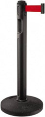 Lavi Industries - 38-1/4" High, 3-1/4" Pole Diam, Stanchion - 16" Base Diam, Dome Recycled Rubber Base, Black Plastic Post, 12' x 2" Tape, Single Line Tape, For Outdoor Use - Apex Tool & Supply