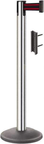 Lavi Industries - 38-1/2" High, 2-3/4" Pole Diam, Stanchion - 12-1/2" Base Diam, Round Steel Base, Polished Chrome (Color) Steel Post, 7' x 2" Tape, Single Line Tape - Apex Tool & Supply