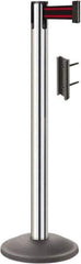 Lavi Industries - 38-1/2" High, 2-3/4" Pole Diam, Stanchion - 12-1/2" Base Diam, Round Steel Base, Polished Chrome (Color) Steel Post, 7' x 2" Tape, Single Line Tape - Apex Tool & Supply