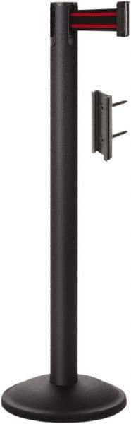 Lavi Industries - 38-1/2" High, 2-3/4" Pole Diam, Stanchion - 12-1/2" Base Diam, Round Steel Base, Black Steel Post, 7' x 2" Tape, Single Line Tape - Apex Tool & Supply