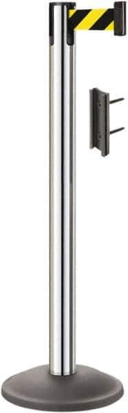 Lavi Industries - 38-1/2" High, 2-3/4" Pole Diam, Stanchion - 12-1/2" Base Diam, Round Steel Base, Polished Chrome (Color) Steel Post, 7' x 2" Tape, Single Line Tape - Apex Tool & Supply