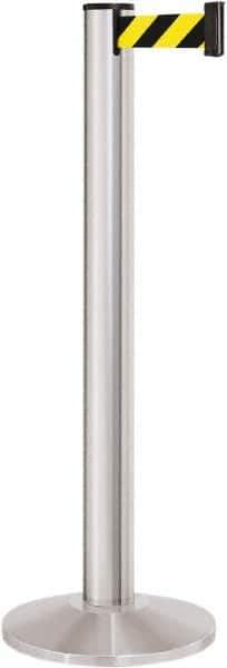 Lavi Industries - 40" High, 2-3/4" Pole Diam, Stanchion - 14" Base Diam, Dome Cast Iron Base, Satin Chrome (Color) Aluminum Post, 13' x 2" Tape, Single Line Tape - Apex Tool & Supply