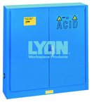 Wall-Mount Bench Acid Cabinet - #5566 - 43 x 12 x 44" - 20 Gallon - w/5 shelves, six poly trays, 2-door manual close - Blue Only - Apex Tool & Supply