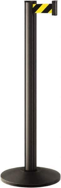 Lavi Industries - 40" High, 2-3/4" Pole Diam, Stanchion - 14" Base Diam, Dome Cast Iron Base, Black Aluminum Post, 7' x 2" Tape, Single Line Tape - Apex Tool & Supply