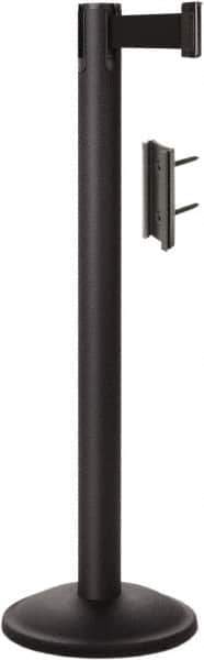 Lavi Industries - 38-1/2" High, 2-3/4" Pole Diam, Stanchion - 12-1/2" Base Diam, Round Steel Base, Black Steel Post, 7' x 2" Tape, Single Line Tape - Apex Tool & Supply