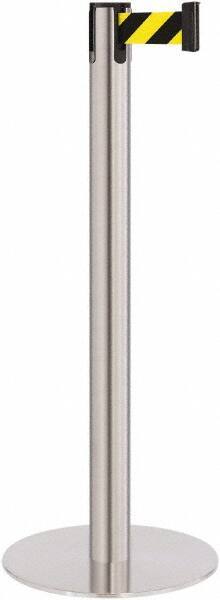 Lavi Industries - 40" High, 2-3/4" Pole Diam, Stanchion - 14-1/2" Base Diam, Flat Cast Iron Base, Satin Chrome (Color) Steel Post, 7' x 2" Tape, Single Line Tape - Apex Tool & Supply