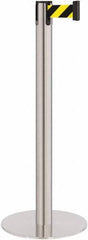 Lavi Industries - 40" High, 2-3/4" Pole Diam, Stanchion - 14-1/2" Base Diam, Flat Cast Iron Base, Satin Chrome (Color) Steel Post, 7' x 2" Tape, Single Line Tape - Apex Tool & Supply