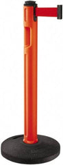 Lavi Industries - 38-1/4" High, 3-1/4" Pole Diam, Stanchion - 16" Base Diam, Dome Recycled Rubber Base, Orange Plastic Post, 12' x 2" Tape, Single Line Tape, For Outdoor Use - Apex Tool & Supply