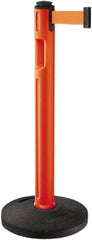 Lavi Industries - 38-1/4" High, 3-1/4" Pole Diam, Stanchion - 16" Base Diam, Dome Recycled Rubber Base, Orange Plastic Post, 12' x 2" Tape, Single Line Tape, For Outdoor Use - Apex Tool & Supply