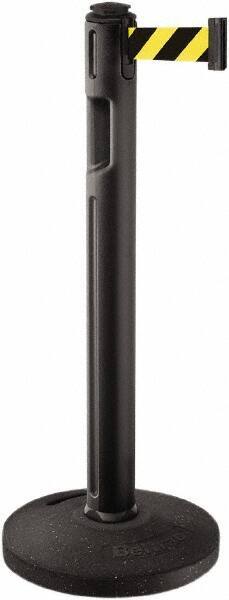 Lavi Industries - 38-1/4" High, 3-1/4" Pole Diam, Stanchion - 16" Base Diam, Dome Recycled Rubber Base, Black Plastic Post, 12' x 2" Tape, Single Line Tape, For Outdoor Use - Apex Tool & Supply