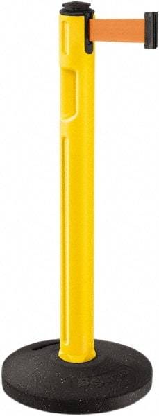 Lavi Industries - 38-1/4" High, 3-1/4" Pole Diam, Stanchion - 16" Base Diam, Dome Recycled Rubber Base, Yellow Plastic Post, 12' x 2" Tape, Single Line Tape, For Outdoor Use - Apex Tool & Supply