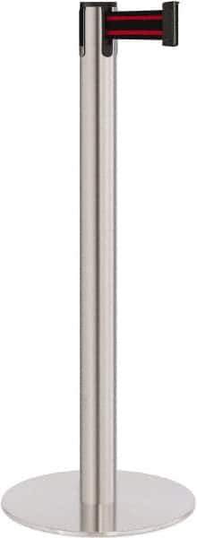 Lavi Industries - 40" High, 2-3/4" Pole Diam, Stanchion - 14-1/2" Base Diam, Flat Cast Iron Base, Satin Chrome (Color) Steel Post, 7' x 2" Tape, Single Line Tape - Apex Tool & Supply