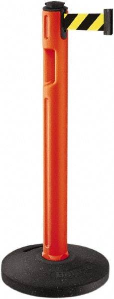 Lavi Industries - 38-1/4" High, 3-1/4" Pole Diam, Stanchion - 16" Base Diam, Dome Recycled Rubber Base, Orange Plastic Post, 12' x 2" Tape, Single Line Tape, For Outdoor Use - Apex Tool & Supply