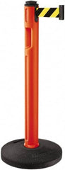 Lavi Industries - 38-1/4" High, 3-1/4" Pole Diam, Stanchion - 16" Base Diam, Dome Recycled Rubber Base, Orange Plastic Post, 12' x 2" Tape, Single Line Tape, For Outdoor Use - Apex Tool & Supply
