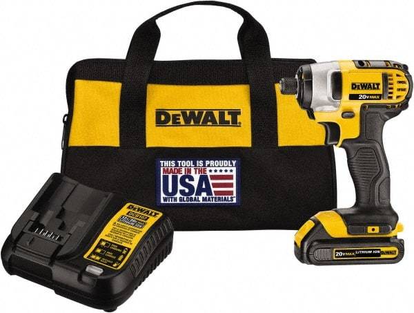DeWALT - 20 Volt, 1/4" Drive, 117 Ft/Lb Torque, Cordless Impact Driver - Mid-Handle, 2800 RPM, 1 Lithium-Ion Battery Included - Apex Tool & Supply