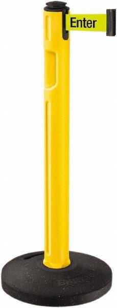 Lavi Industries - 38-1/4" High, 3-1/4" Pole Diam, Stanchion - 16" Base Diam, Dome Recycled Rubber Base, Yellow Plastic Post, 12' x 2" Tape, Single Line Tape, For Outdoor Use - Apex Tool & Supply